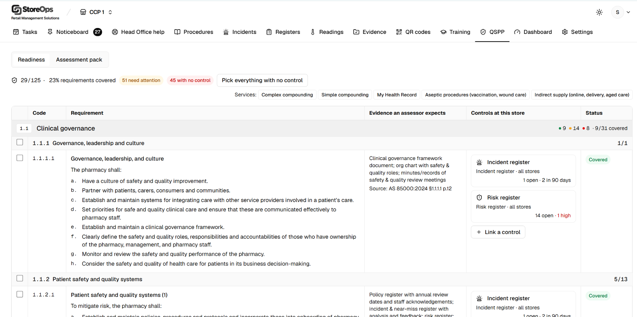 Actual StoreOps QSPP screen showing requirement coverage, evidence guidance, linked controls and readiness statuses